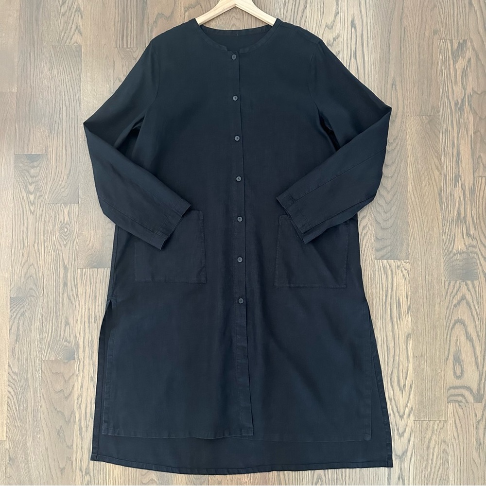 Eileen Fisher 100% Linen Band Collar Tunic Length Button Front Blouse Black L